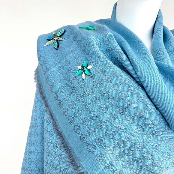 HENRI BENDEL Monogram Sequins 100% Silk Turquoise Blue X Long Wrap Shawl Scarf - Picture 3 of 15